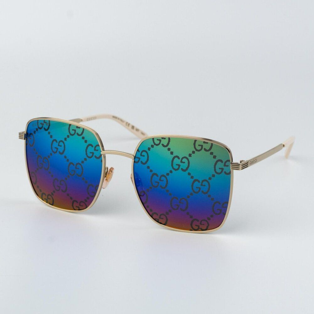 Gucci Women Sunglasses Gold Multicolor GG Pattern Mirror Square GG0802S 004
